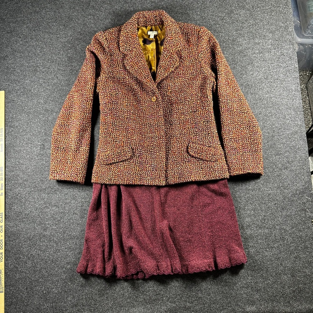 J. Jill Tweed Wool Blend Blazer 10 Tall & Burgundy Knit Skirt Large Set